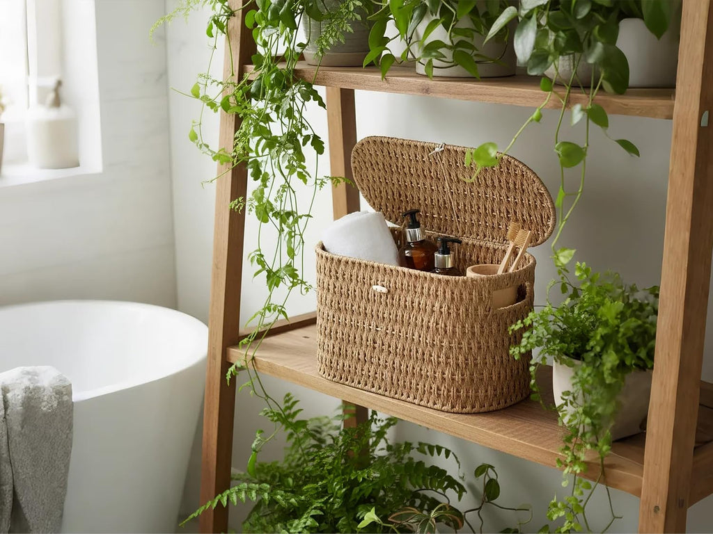 Coeusy Toilet Paper Storage Basket with Lid, Paper Rope Wicker Basket for Bathroom Organizers and Storage, Toilet Paper Holder for Up to 6 Mega Rolls, Boho Hand-Woven Decorative Decor, Natural