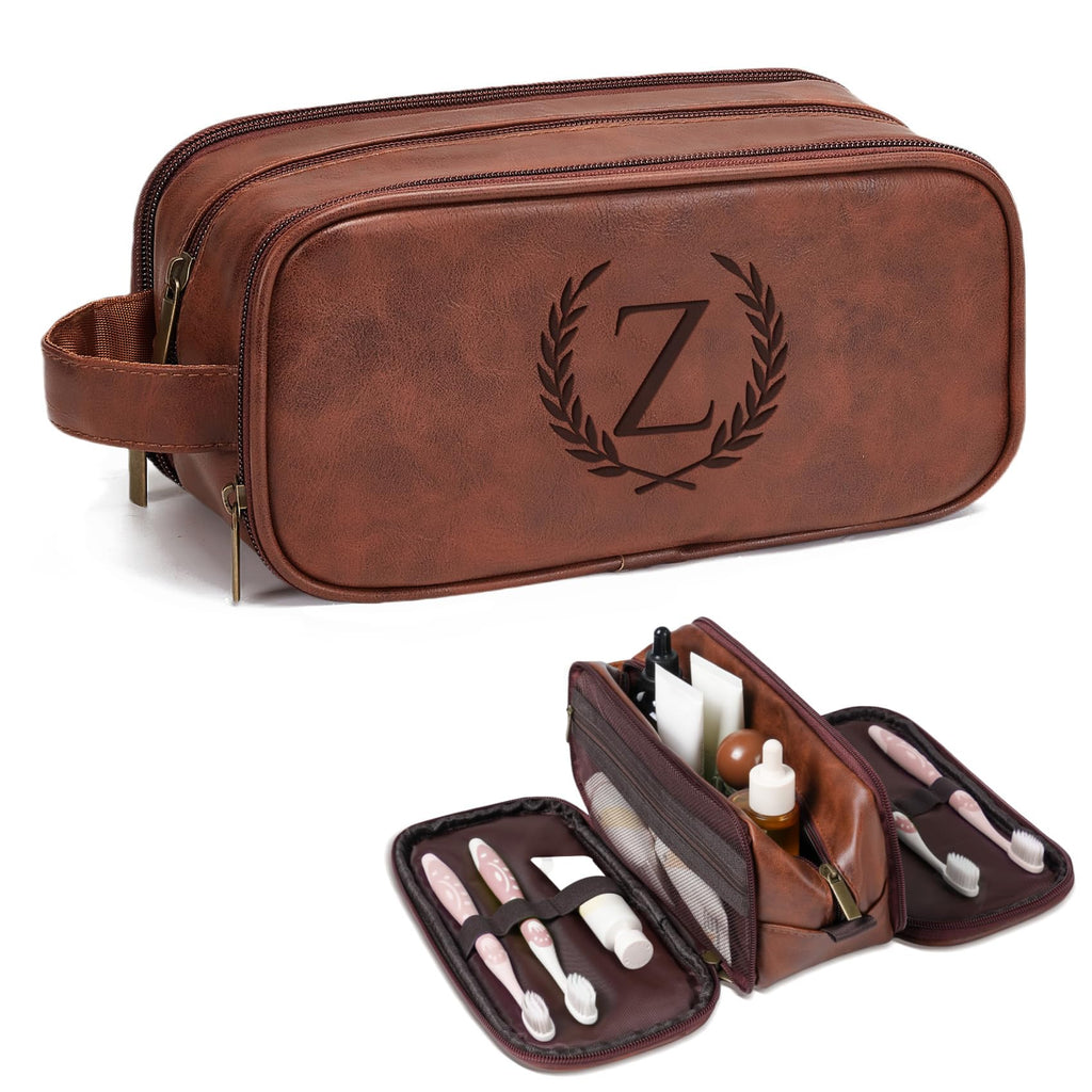 Travel Toiletry Bag For Mens PU Leather Engraved Initials (Red Brown Z)