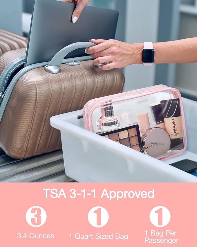 BAGSMART Clear Toiletry Bag 3-Pack TSA Approved Water-Repellent, Pink