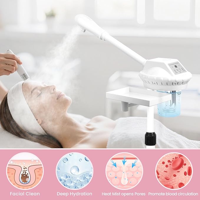 Facial Steamer Professional, Facial Steamer on Wheels, Ozone Face Steamer with More Steam for Deep Cleansing and Hydration, Estheticians Steamer for Beauty, Spa and Home Use（White）