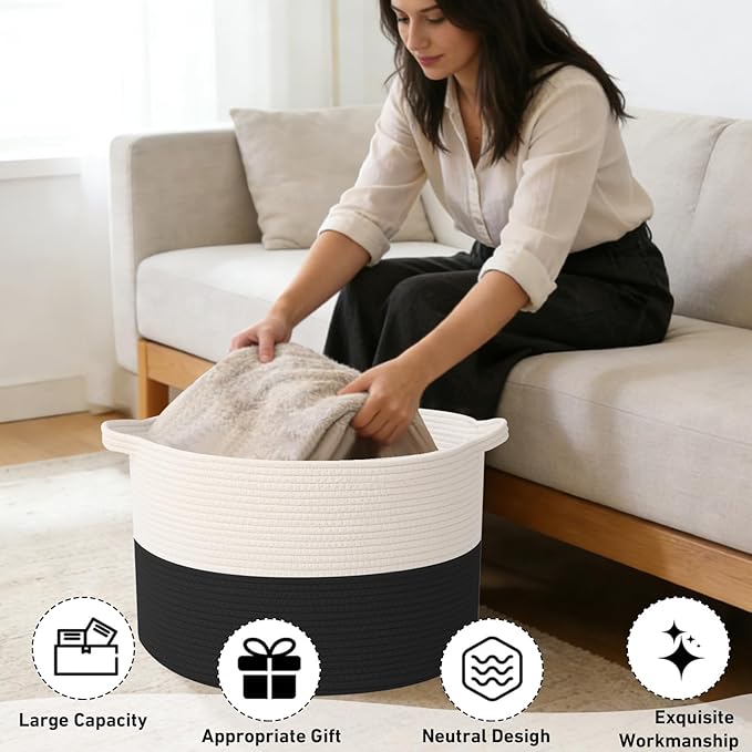 115L Large Blanket Basket,23.6" L x 23.6" W x 15.7" H Rope Woven Baskets with Handles, Toys Storage Bins,Laundry Basket Perfect for Living Room, Nursery,Bedroom,Home Organization,White&Black