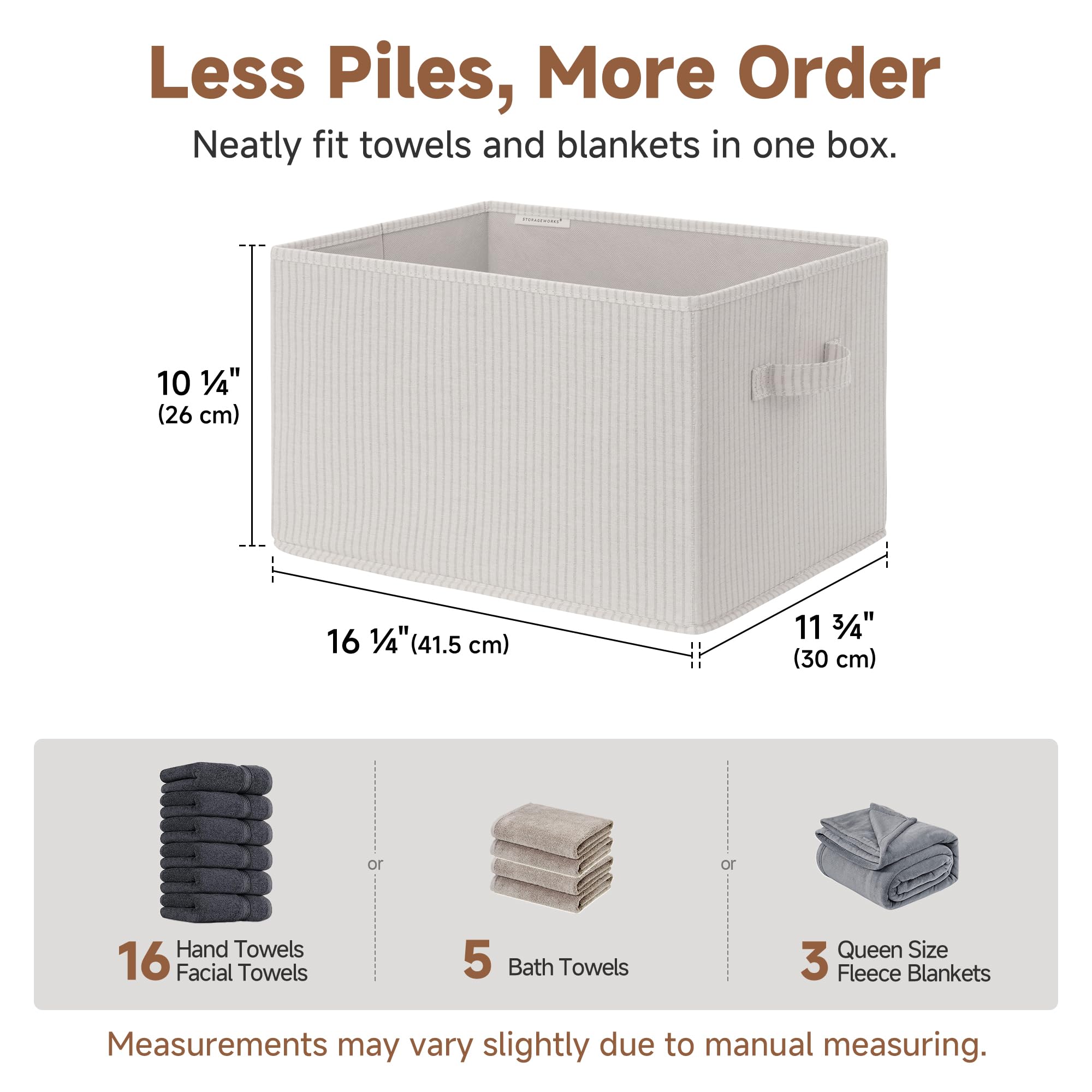 StorageWorks Foldable Shelf Organizer Bins, Closet Storage Baskets for Clothes, Storage Bins for Organization, Beige Stripes, 3-Pack, Extra Large
