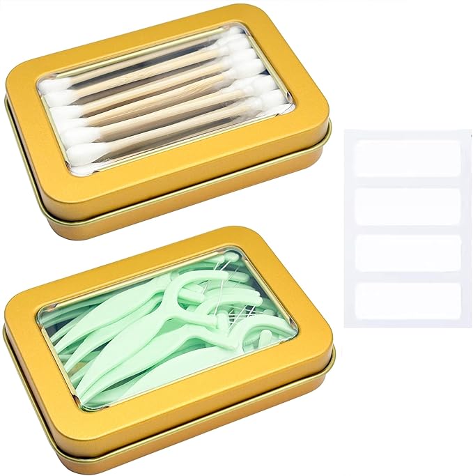 MatFirsmo Cotton Swab Holder for Travel, 2 Pcs Portable Small Dental Floss Holder Empty Metal Cotton Ball Holder, Travel Floss Picks Case with Dustproof Lid for Cotton Swabs Hair Ties Floss, Gold