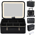 Faquenc 11.4 Inch Extra Large Makeup Bag with LED Lighted Mirror Leather Cosmetic Train Case Light up Mirror Portable Makeup Artist Storage Bag with Dividers Makeup Brush Holder Vanity Black