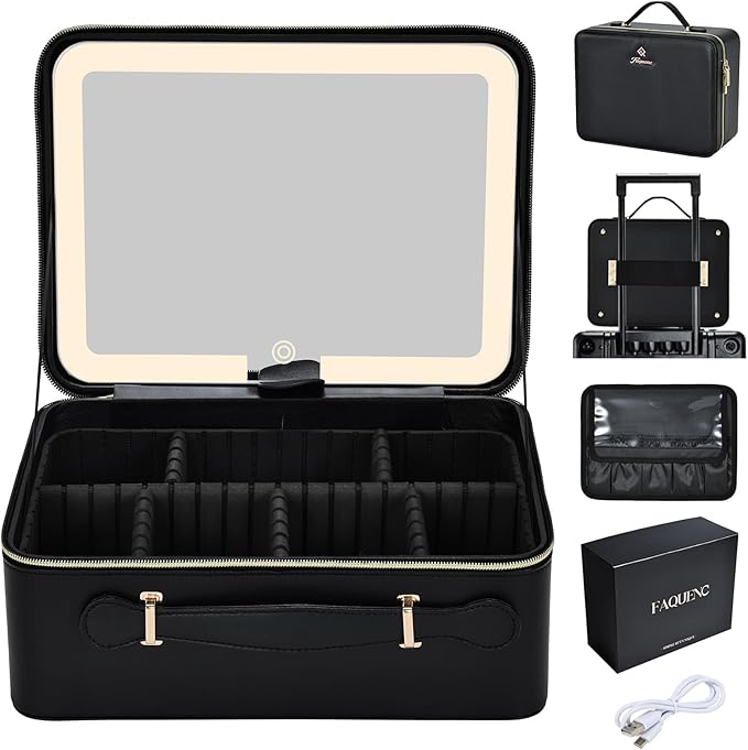 Faquenc 11.4 Inch Extra Large Makeup Bag with LED Lighted Mirror Leather Cosmetic Train Case Light up Mirror Portable Makeup Artist Storage Bag with Dividers Makeup Brush Holder Vanity Black