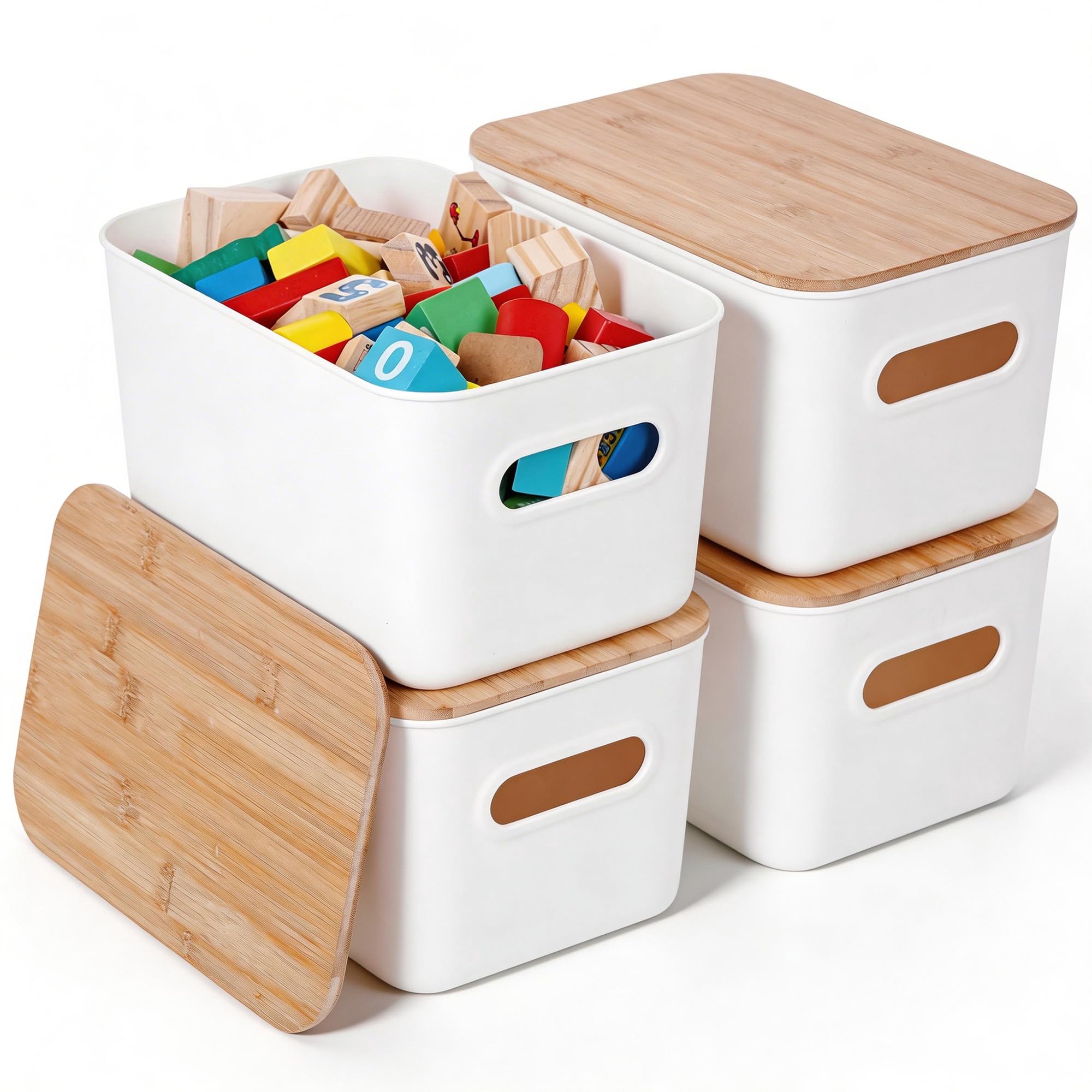 Citylife Storage Bins with Bamboo Lids 7QT Plastic Storage Containers Stackable Organizer Boxes with Handle for Desk Snacks, Toys, 4 PCS, 10" L x 7" W x 5.8" H