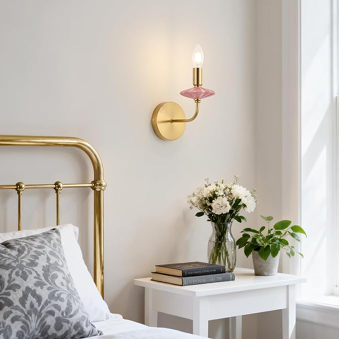 Modern Retro Wall sconces Set of Two with Pink Ceramic Flower Decoration,Brushed Gold Wall Lights, Hardwired Vintage Vanity Light for Bathroom, Living Room, Bedroom, and hallways.