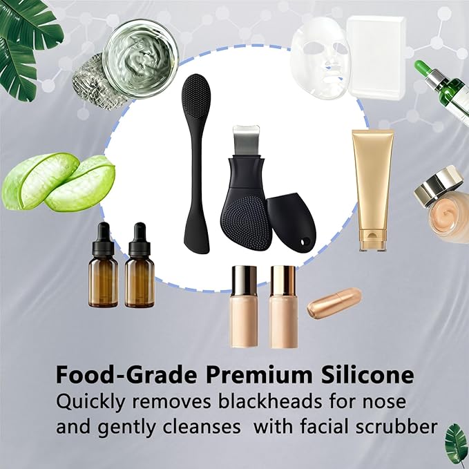 PeaKalo Silicone Face Scrubber Black Head Remover for Face- Appliances for Removing Make-up for Deep Cleansing Blackhead Remover Tools Face Spatula Makeup Removal Washing Brushes Pore Cleaner (Black)
