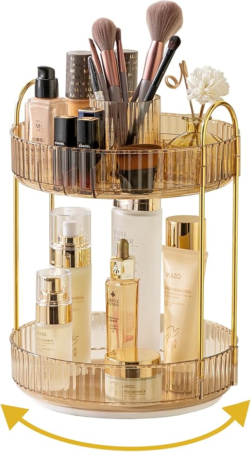 Asayuee 360 Rotating Makeup Organizer,2 Tier Large Capacity Make Up Organizers and Storage,Skincare Perfume Vanity Organizers,Bathroom Cosmetics Storage Organizer Countertop(Clear)