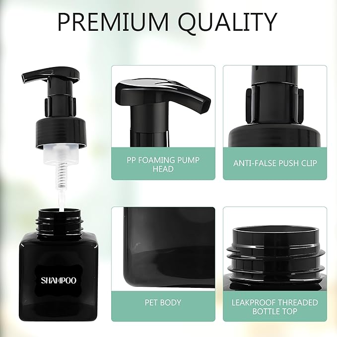 15 Pcs 8.5 oz Foaming Soap Dispenser Plastic Foaming Pump Bottle, Refillable Dispenser with Plastic Pump, Empty Hand Bottles for Liquid Soap, Shampoo, Bathroom,Hotel,Restaurant (15, Black)