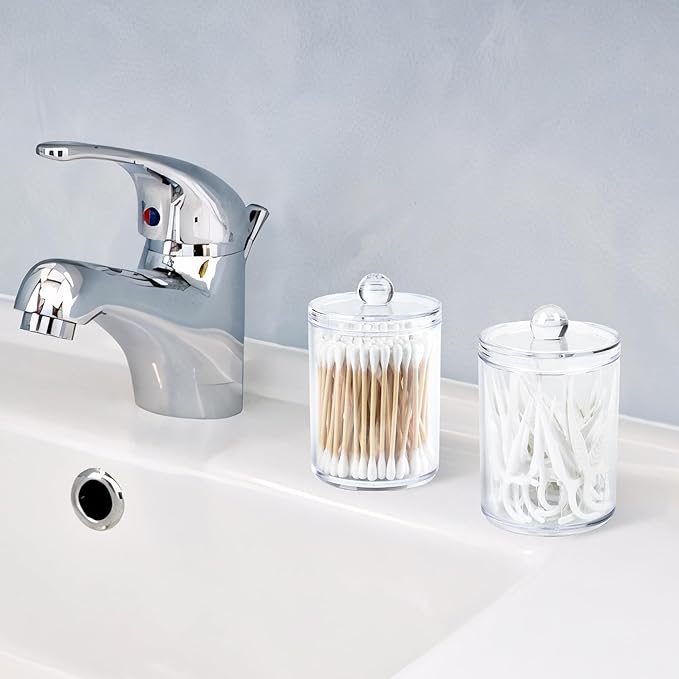 Emlim Clear Bathroom Organizer with Lid - 2-Pack Cotton Ball and Cotton Swab Storage Tins for Vanity Storage