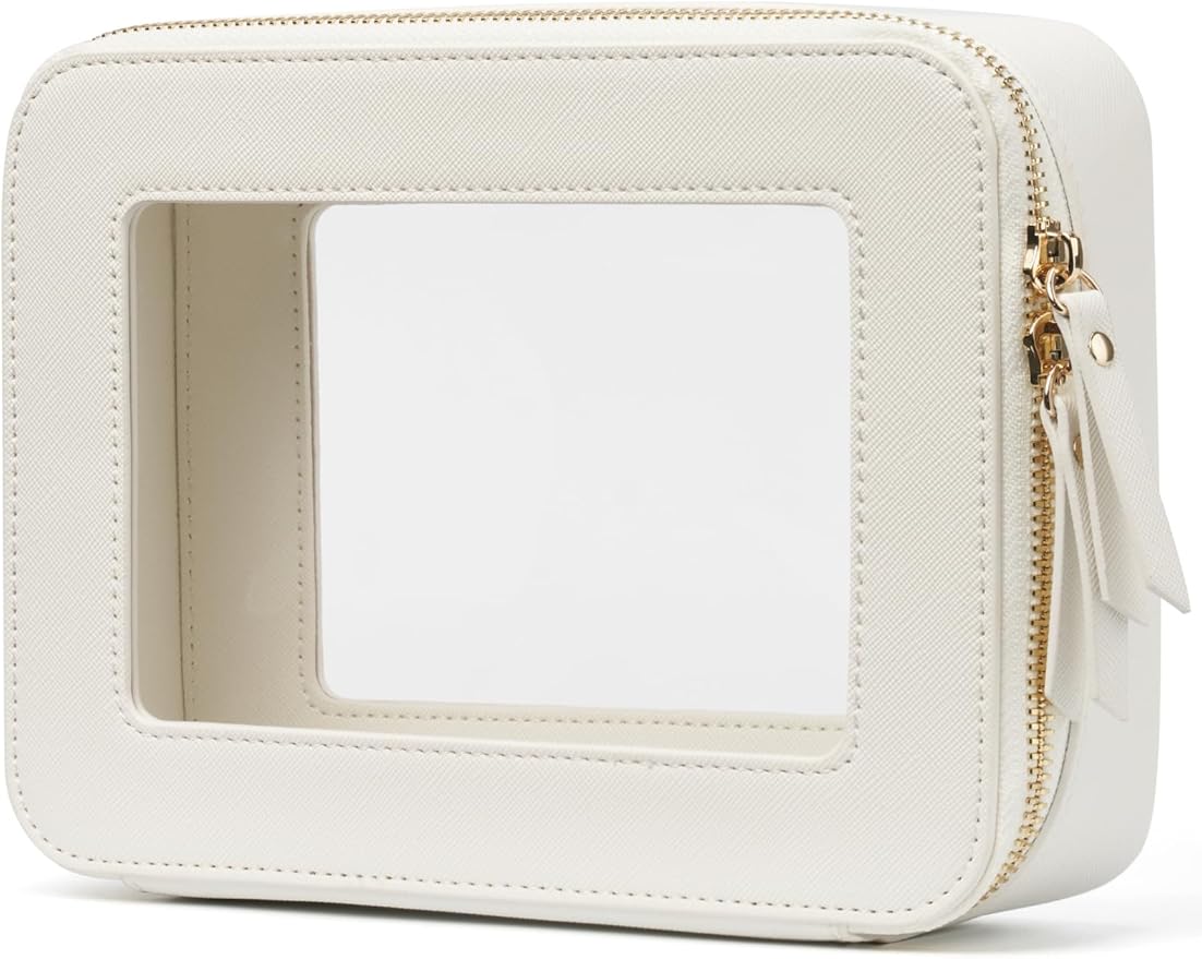 Popvibe Clear Makeup Case White Toiletry Bag Travel Medium Clear Cosmetic Bag with Zipper, Small Make Up Bag Organizer Traveling TSA Approved Transparent Bag Car for Essentials