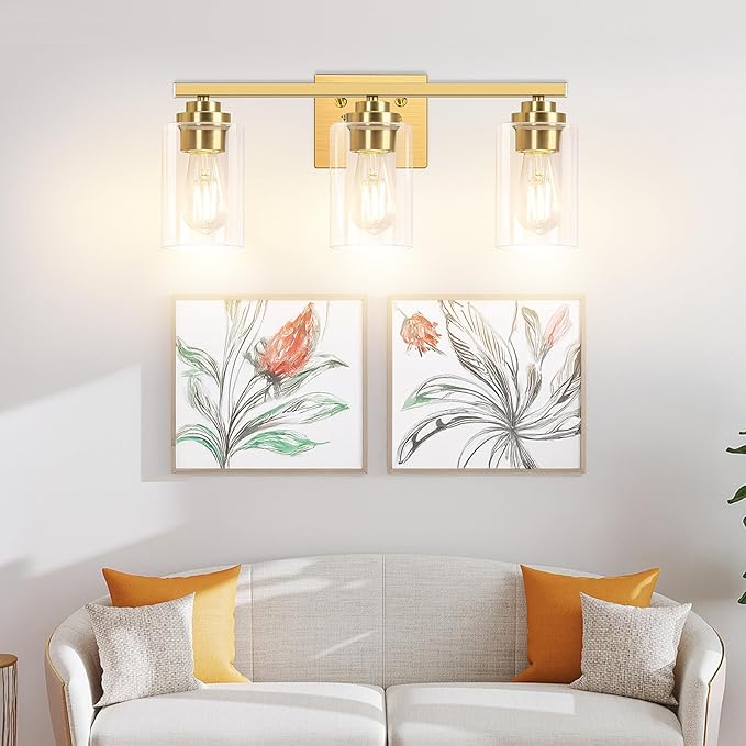 VerRon 19" Gold Modern Vanity Lights Over Mirror with Clear Glass Shades
