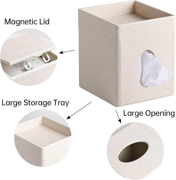 Cretkhp Tissue Box Cover, PU Leather Square Tissue Box Holder with Storage Tray for Bathroom Vanity Countertop Night Stands Bedroom Office Desk, Stylish Tissue Holder Decorative Organizer (Linen)