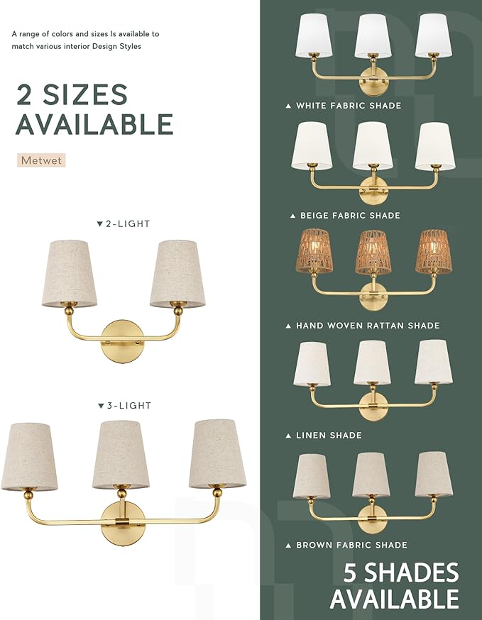 2-Light Bathroom Light Fixtures, Brushed Gold Vanity Lights, Double Wall Sconce with Brown Fabric Shade, Modern Sconces Wall Lighting for Hallway Bedroom Stairway, VL837-BG-L-2