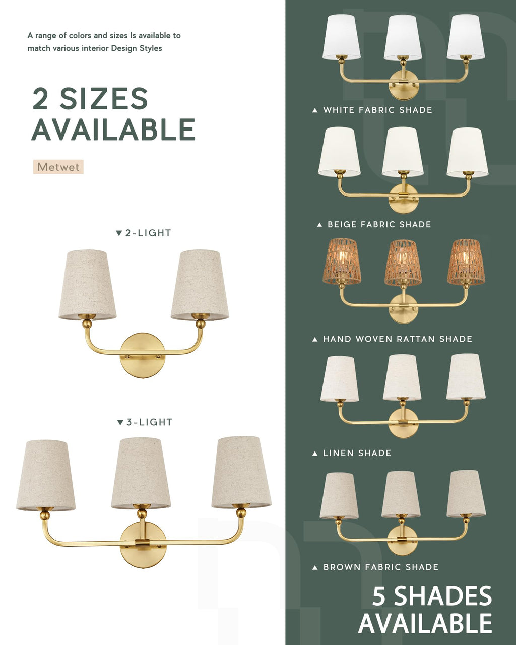 METWET 3-Light Brushed Gold Bathroom Vanity Light, Brown Linen Fabric Shade
