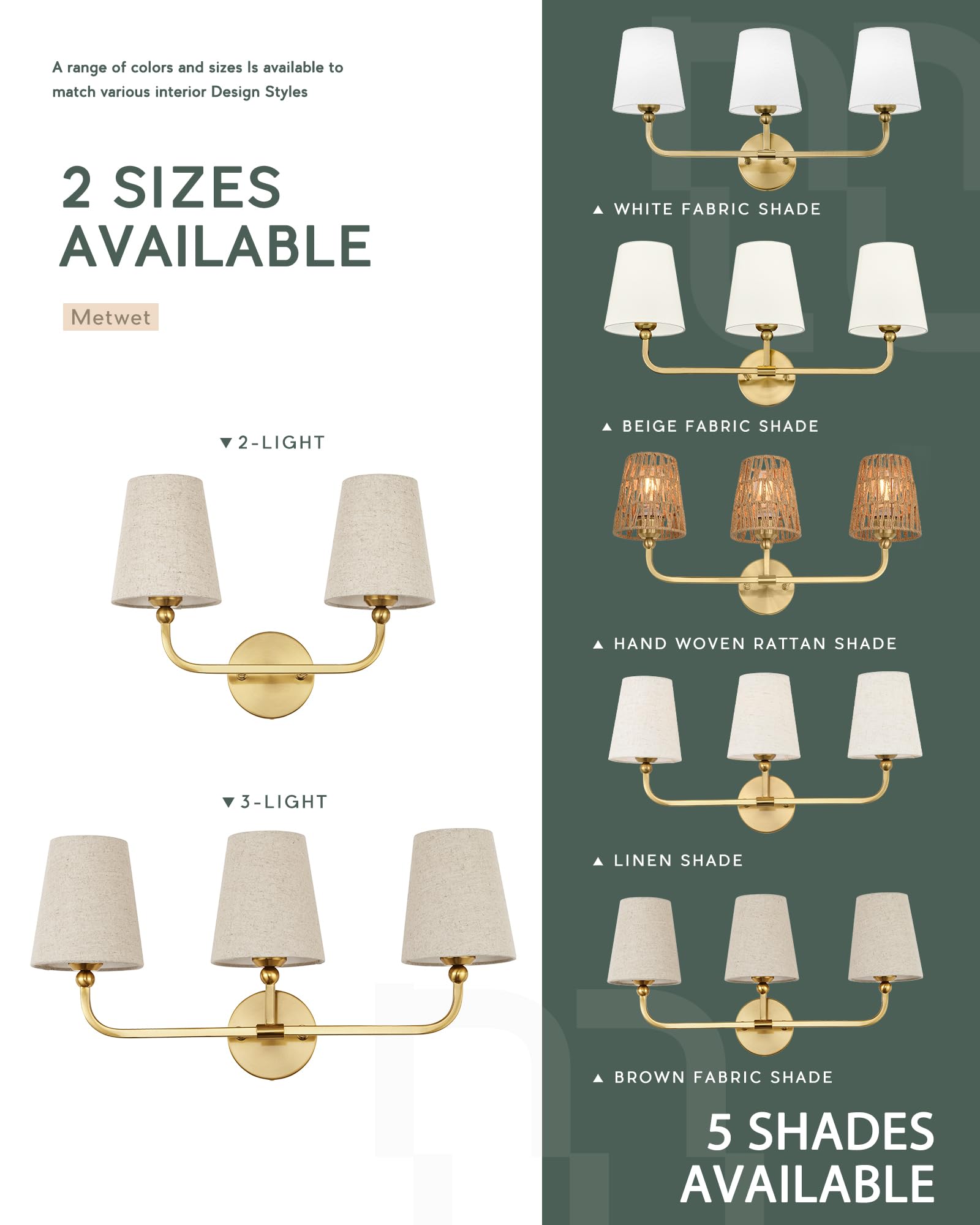 METWET 3-Light Brushed Gold Bathroom Vanity Light, Brown Linen Fabric Shade