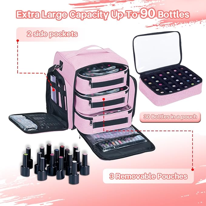 UOZL Nail Polish Organizer Case Hold 90 Bottles with 3 Detachable Bag,Pink