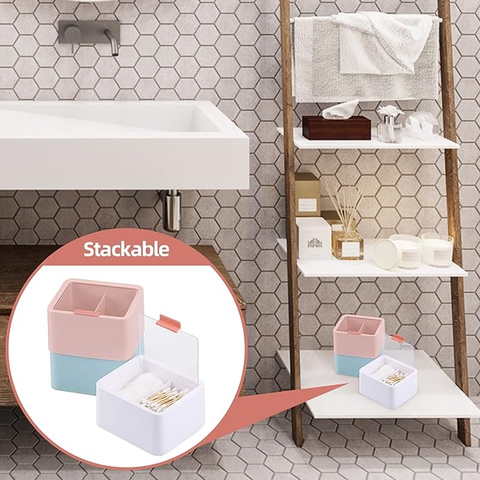 Tecbeauty 2 Slot Cotton Swab Ball Qtip Holder Jar Plastic Container Dispenser Box with Hinged Lid for Bathroom Home Storage Organizer