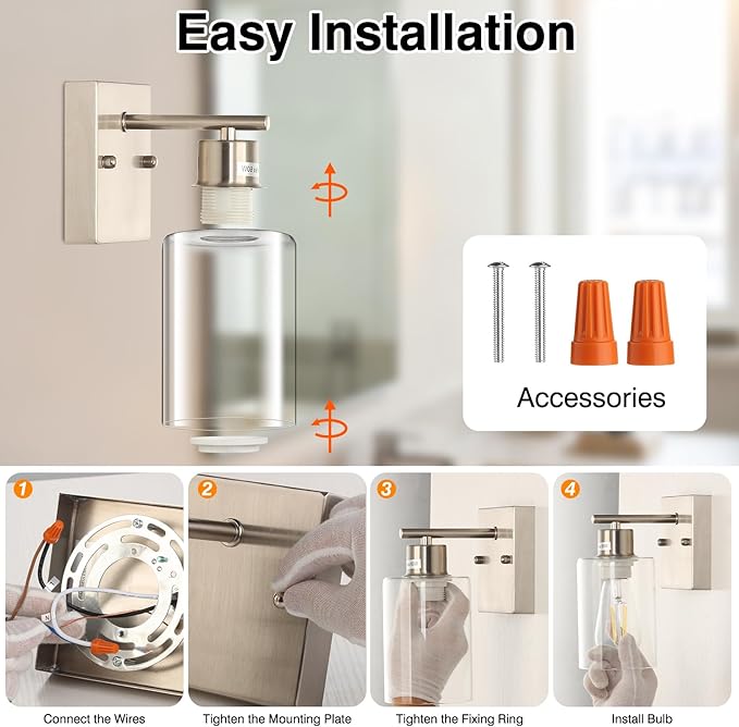 2-Pack Bathroom Wall Sconces, Brushed Nickel Vanity Lights, Modern Wall Light Fixture with Clear Glass Shade, Farmhouse Wall-Mount Lighting Lanterns, Wall Lamps for Mirror Living Room Bedroom Kitchen