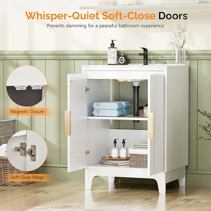 VINGLI 24 Inch Bathroom Vanity with Sink, Pure White Mid Century Modern Fluted Vanity Cabinet with Ceramic Basin, Small Free Standing Combo for Powder Room, Soft Close Doors, Gold Handles