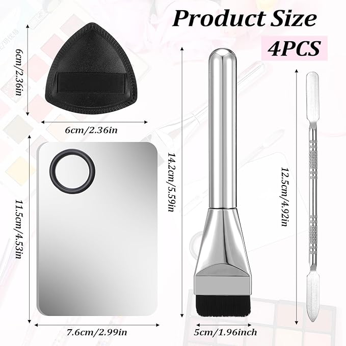 BOHUIZ 4 Pcs Makeup Foundation Mixing Palette Set Including Make Up Spatula, MakeupBrush, PaletteTray, Puff, Foundation Makeup Mixing Palette, MakeupPalette Tray (Stainless Steel)