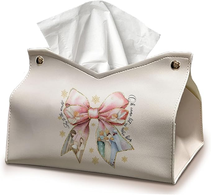 Pink Bows Tissue Box Cover Rectangle, Snowflake Winter Holiday Decor Tissue Box Holder Organizer, Bow Decor for Bathroom Kitchen Car, Farmhouse Christian Gifts for Women Girls 9.8x5.9x5.9