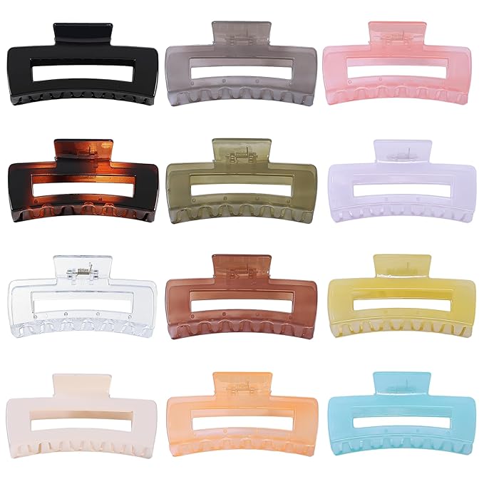 Sisiaipu 12 Pack Large Square Hair Claw Clips for Women and Girls, 4.1 x 2.1 x 1.2 inch, 12 Rubber Paint and Plastic Materials, Non-Slip Jumbo Jaw Design - Jelly