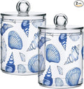 2 Pack Qtip Holder Dispenser for Cotton Ball Blue Seashells Ocean Nautical Coastal Cotton Swab Round Pads Clear Plastic Acrylic Jar Set Bathroom Canister