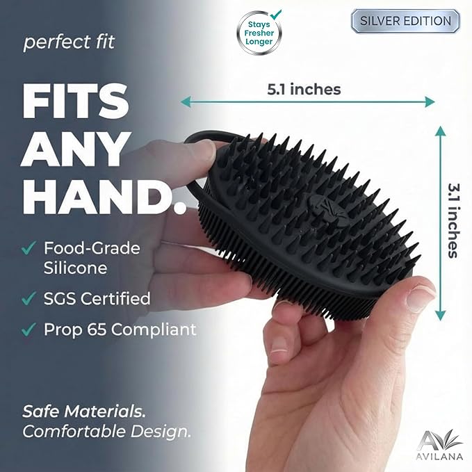 Avilana Silicone Body Scrubber for Shower – SGS Certified Food Grade Dual Sided Bath Brush, Gentle Exfoliating Silicone Loofah Alternative, Sensitive Skin Body Brush (Black-Silver, Scalp)