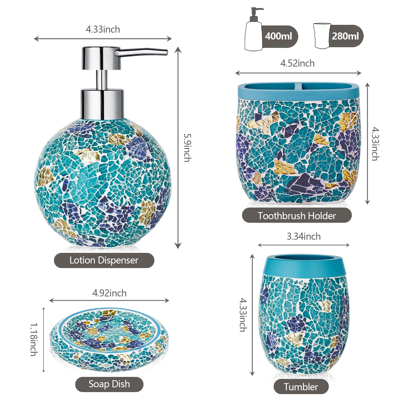 Handmade Blue Mosaic Glass Bathroom Accessory Sets 4PCS Bathroom Accessories Set Complete Includes Lotion Dispenser Toothbrush Holder Tumbler Cup & Soal Dish