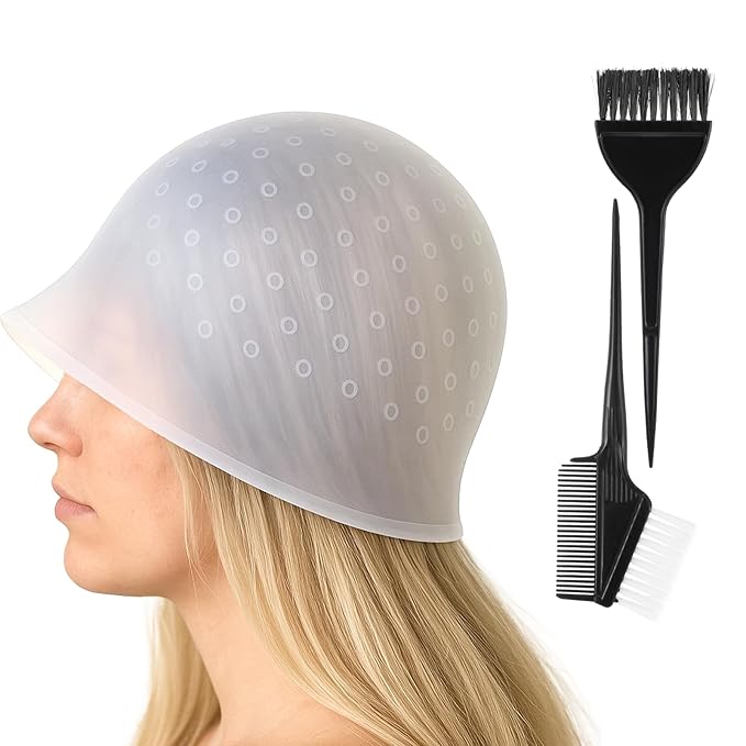 Self-Punching Silicone Highlight Cap for Hair 4pcs Silicone Professional Reusable Hairdressing Dyeing Staining Tools for Bleach, Includes Dye Brush Single-Sided Brushes & Double-Sided Brush