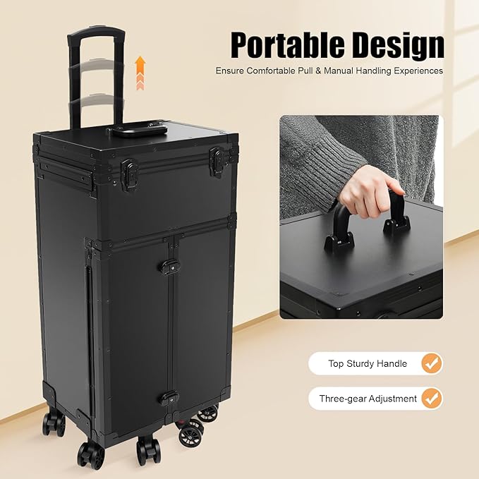 SuiYuLn 44.09lbs Lockable Makeup Train Case,Rolling Hairdressing Trolley,Beauty Salon Cosmetic Luggage with Universal Wheels for Hair Stylist,Make-up Artists (Black 8)