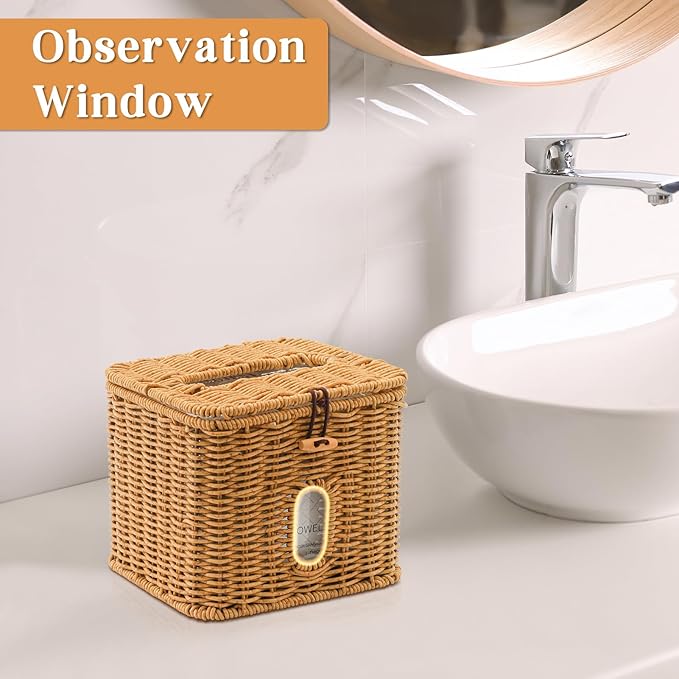 Facial Clean Skin Club Face Towels Holder for Bathroom, Plastic Rattan Disposable Face Towel Holder, Farmhouse Style for XL Face Towels Box Basket with Lid, Light Brown
