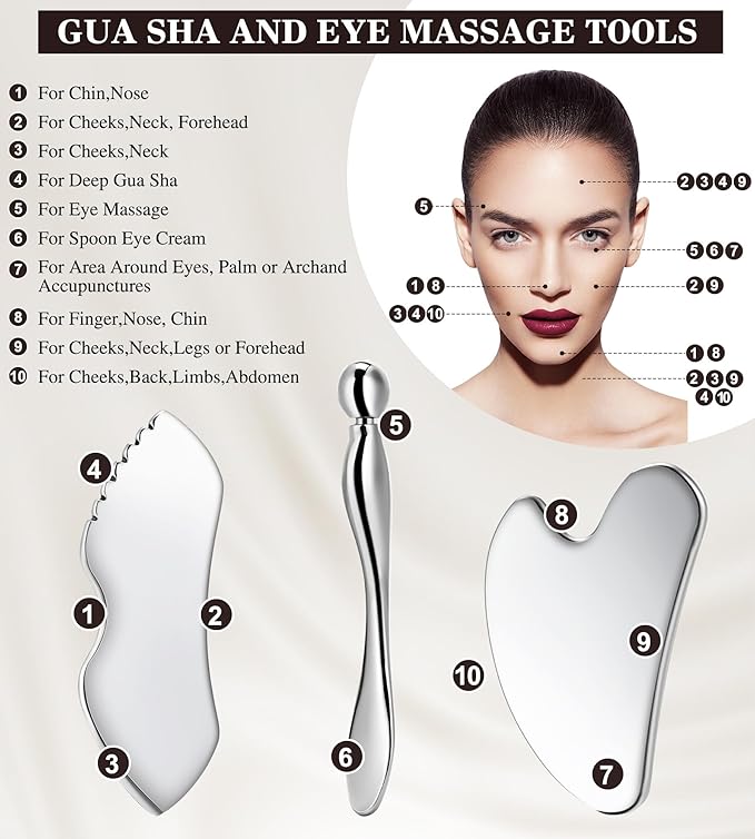 TANGZHIFEIYUE Gua Sha Facial Tools, 3 in 1 Stainless Steel Metal Guasha & Eye Cream Applicator Facial Sculpting Tool Set Eye Massager Lymphatic Drainage for Face Neck (Plastic Box 3, Count, 3)