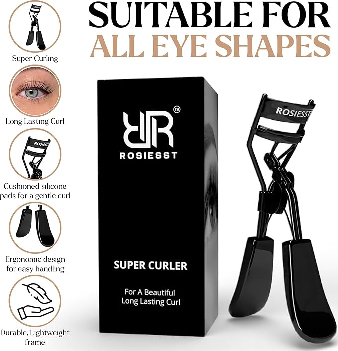 Rosiesst Professional Eyelash Curler, Stainless Steel with Silicone Pads, Ergonomic Design for a Comfortable Grip, Super Curling, Compact Travel Size. Black Lash curlers.