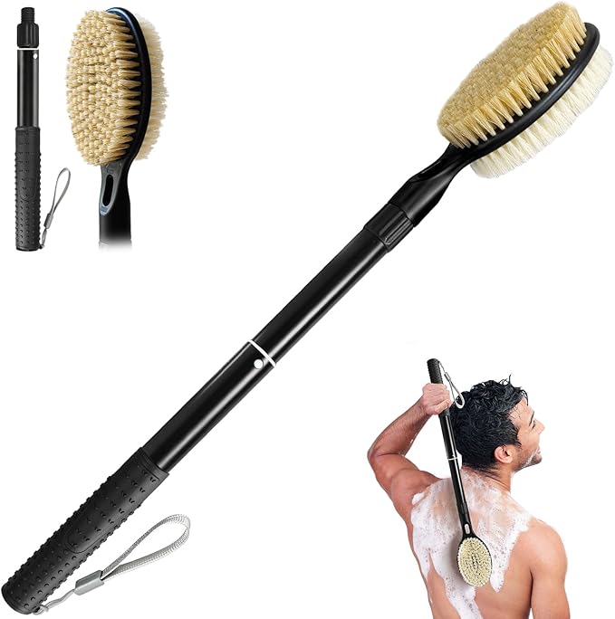 Back Scrubber for Shower with Long Handle, Dual-Sided Bath Brush for Wet & Dry Brushing, Soft & Stiff Bristles Body Exfoliator, Adjustable Detachable Shower Brush for Back, Legs & Feet
