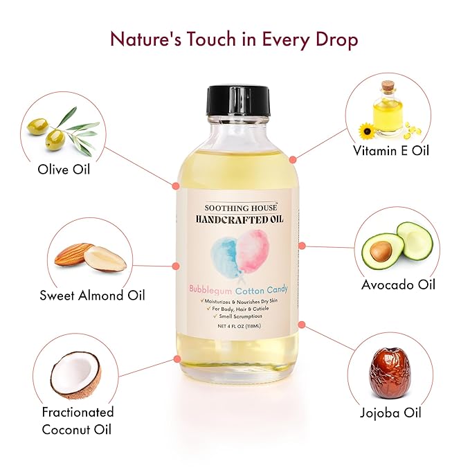 Soothing House Bubblegum Cotton Candy: Moisturizing Body Oil for Soft, Glowing Skin with Almond & Jojoba Oil (4 fl oz)