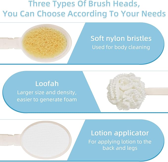 Topfinder Loofah Sponge with Handle,Back Scrubber Brush for Shower, Lotion Applicator for Back,3 in 1 Shower Kit (White loofah)