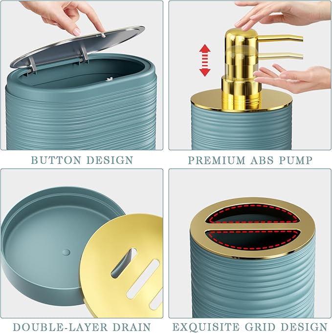 InnJoey Bathroom Set, 10PC Bathroom Accessory Set, Light Blue Bathroom Accessories, Blue and Gold Bathroom Set with Trash Can, Soap Dispensers