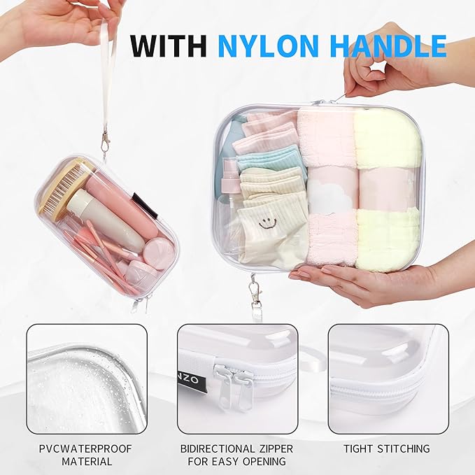 iRUNZO 3 PCS Clear Hard Shell Zipper Case With Handle Strap，Clear Plastic Waterproof Cosmetic Makeup Bags Toiletry Pouches for Travel With Double Zipper，Kid's Toy Storage Organizer Bins Box