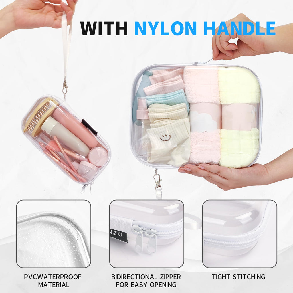 iRUNZO 3 PCS Clear Hard Shell Zipper Case With Handle Strap，Clear Plastic Waterproof Cosmetic Makeup Bags Toiletry Pouches for Travel With Double Zipper，Kid's Toy Storage Organizer Bins Box