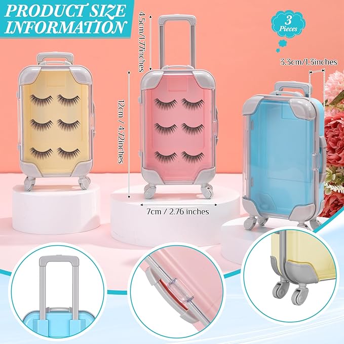 Honeydak 3 Pcs Mini Plastic Suitcase False Eyelashes Tray Luggage Trolley Candy Box Clear Suitcase Packaging Case Party Favor Box for Jewelry Cosmetic Hairpins Storage (Pastel Color,7 x 3.7 x 2 Inch)