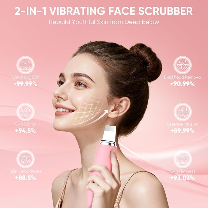 Stepcare Silicone Face Scrubber Blackhead Scraper Rechargeable 2-in-1 Facial Cleansing Brush & Skin Spatula Duo, IPX7 Waterproof Exfoliating Massager Deep Cleansing for Women and Men(Peachy Pink)