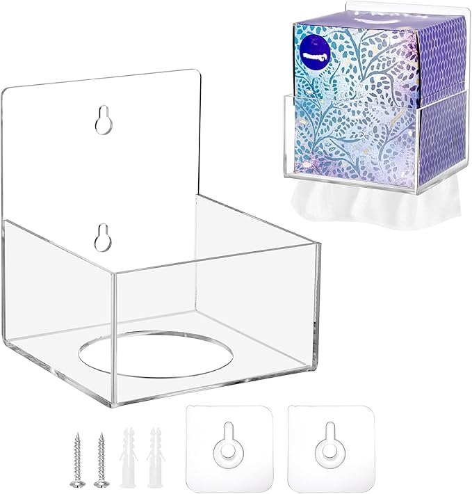 Acrylic Tissue Box Holder Wall Mounted, Clear Square Tissue Dispenser with Self Adhesive Hook and Screws, Classic Tissue Box Cover Tissues Organizer for Bathroom Toilet Kitchen Desk Cabinet RV