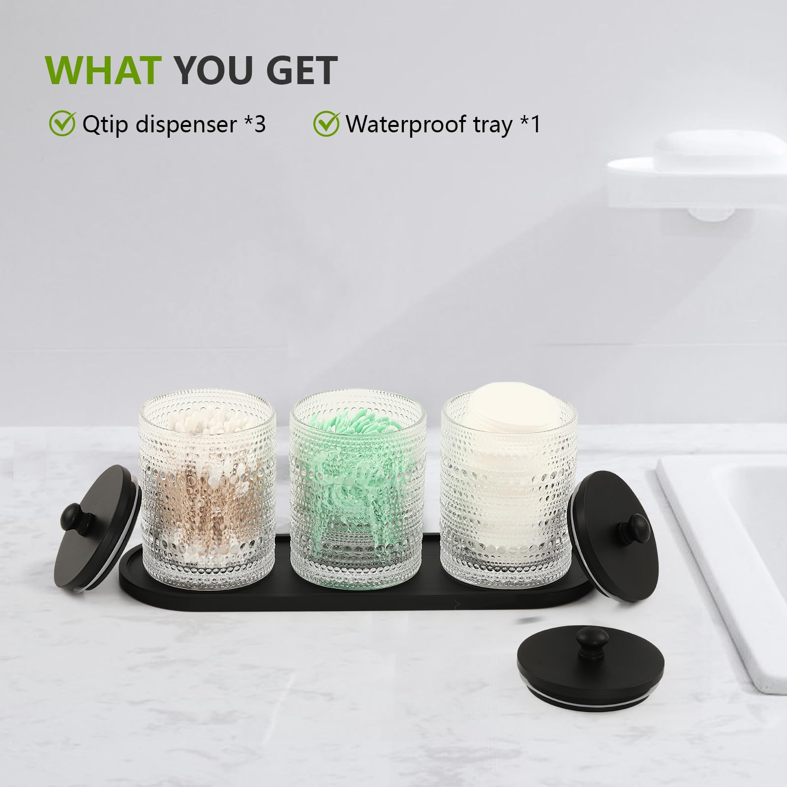 eggs sound 3 Pack Qtip Holder - Bathroom Organizers and Storage, Cotton Round Holder Floss Pick Holder Cotton Ball Holder with Tray, Glass Apothecary Jars with Lids, Cotton Pad Holder Set -clear b D