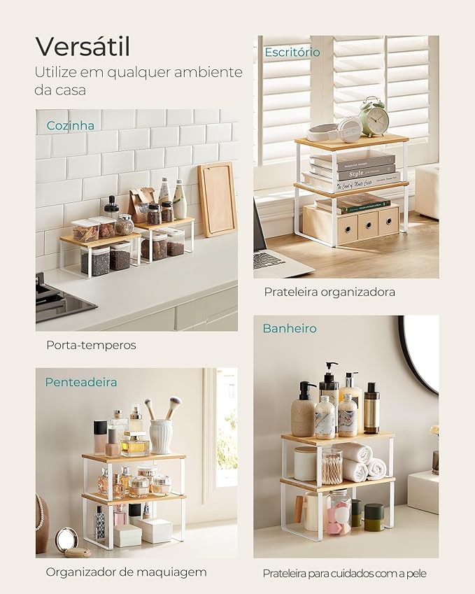 SONGMICS Cabinet Organizer Shelf, Set of 2 Kitchen Counter Shelves, Kitchen Storage, Spice Rack, Stackable, Expandable, Metal and Engineered Wood, 11.7 Inches, Cloud White and Natural Beige UKCS02NW