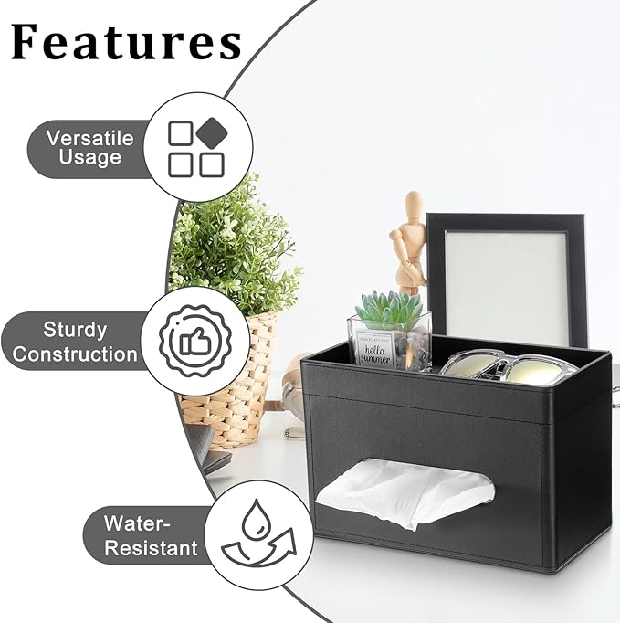 Sumnacon Tissue Box Cover with Storage Tray, Decorative Rectangular Tissue Holder PU Leather Facial Tissues Organizer Stylish Modern Tissue Dispenser for Bathroom Toilet Tank Vanity Dresser Table