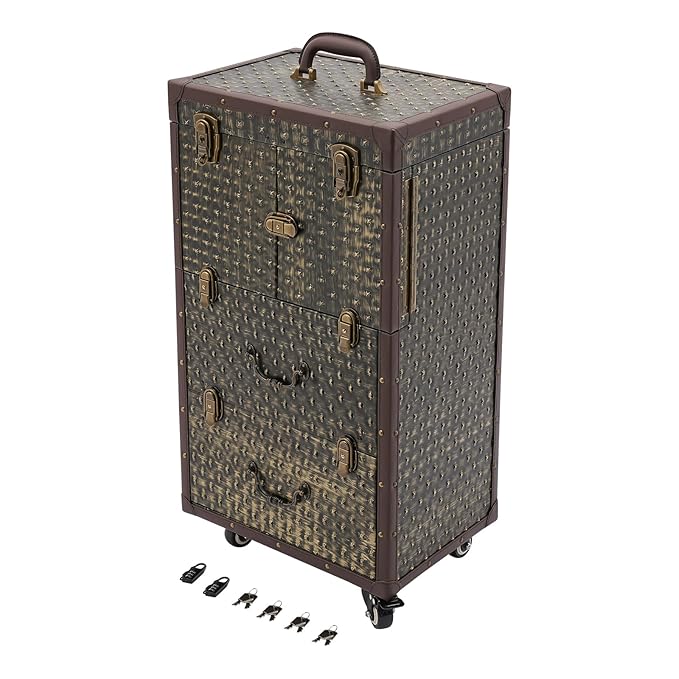 Beauty Salon Luggage,Rolling Lockable Makeup Train Case Hairdressing Trolley Stylist Beauty Salon Cosmetic Luggage Travel Organizer Tool Box with Hair Dryer Holder (Bronze)
