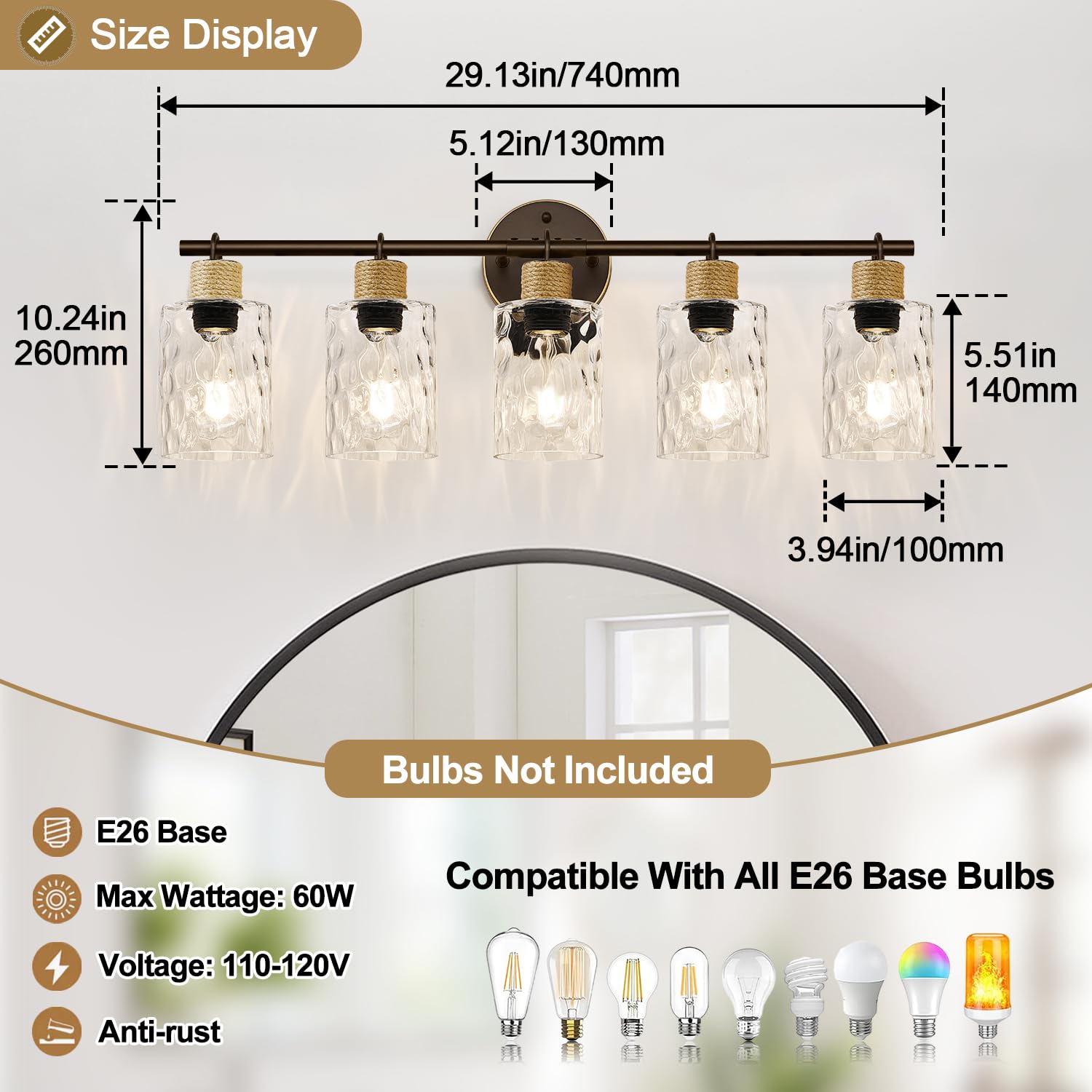 MOKATNG Bathroom Light Fixtures, 5-Light Coastal Vanity Lights with Crystal Glass Shade, Oil-Rubbed Bronze Bathroom Wall Lamp for Mirror Kitchen Hallway Cabinet